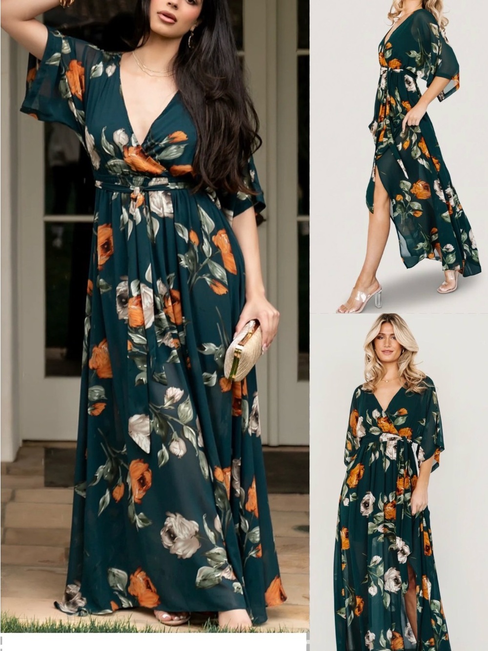 Baltic Born Teal Maxi Dress with Orange and Cream Floral Print